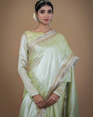 olive handwoven tissue saree with matte gold lace 5