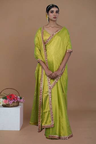 neon green handwoven tissue saree with scalloped lace