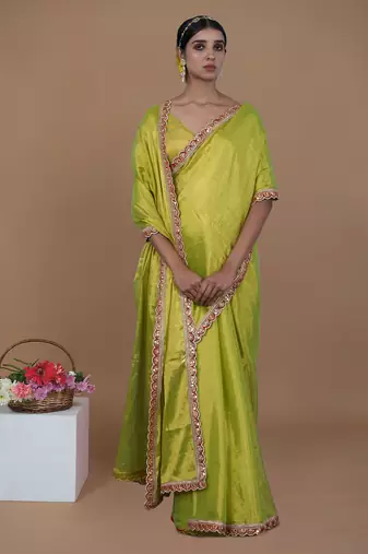 neon green handwoven tissue saree with scalloped lace