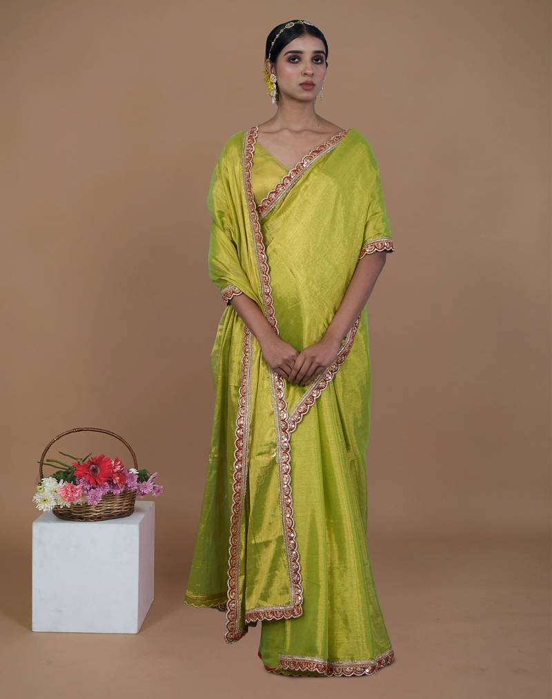 neon green handwoven tissue saree with scalloped lace