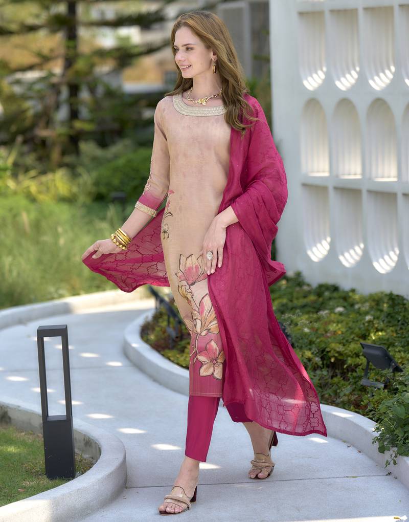 Tissue with floral print and embroidery party wear kurti set