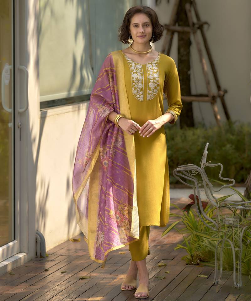 Viscos-rayon with embroidered work party wear kurti set