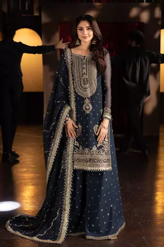 Heavy faux georgette with heavy embroidery sequence work top with sharara dupatta