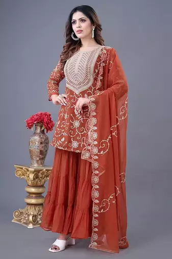Heavy georgette embroidery work top with sharara dupatta