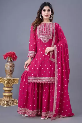 Heavy chinon silk with heavy embroidery sequence work top with sharara dupatta