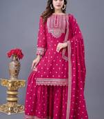 Heavy chinon silk with heavy embroidery sequence work top with sharara dupatta