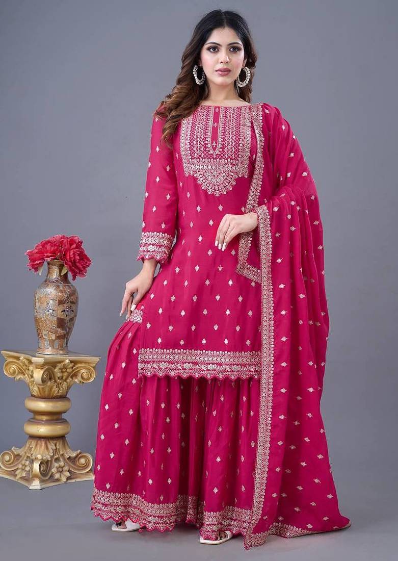 Heavy chinon silk with heavy embroidery sequence work top with sharara dupatta