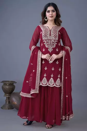 Heavy georgette embroidery work top with sharara dupatta