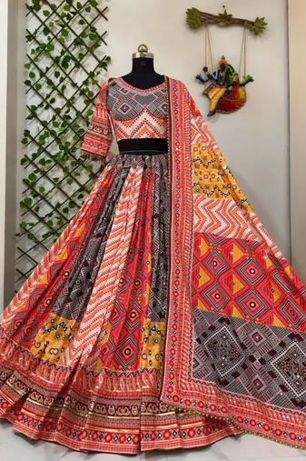 orange muslin cotton navratri special lehenga choli