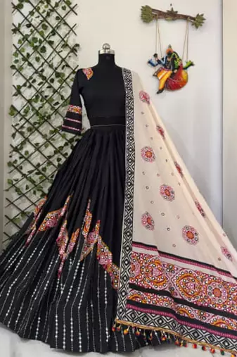 black muslin cotton navratri special lehenga choli
