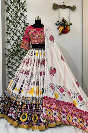 white muslin cotton navratri special lehenga choli