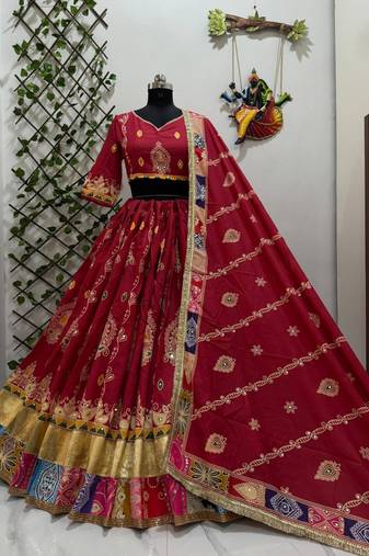 red muslin cotton navratri special lehenga choli