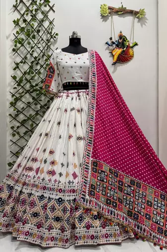 white muslin cotton navratri special lehenga choli