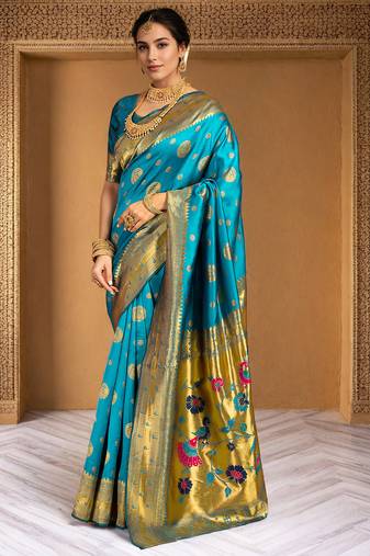 Aqua woven paithani silk saree     designer broad border wedding wear with blouse