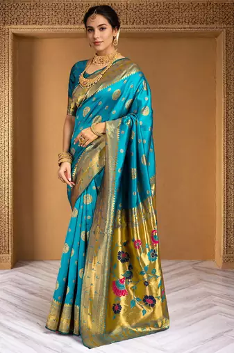Aqua woven paithani silk saree     designer broad border wear with blouse