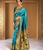 Aqua woven paithani silk saree     designer broad border wedding wear with blouse