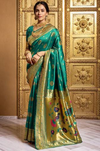 Green woven paithani silk saree – designer broad border wedding wear with blouse