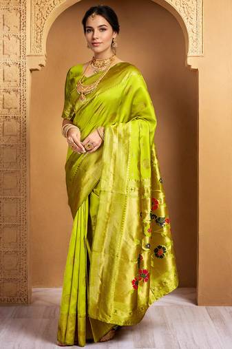 Lime green woven paithani silk blend saree with blouse