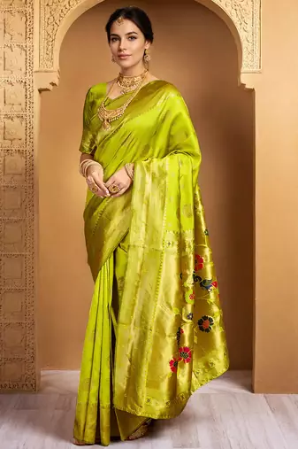 Lime green woven paithani silk blend saree with blouse