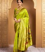 Lime green woven paithani silk blend saree with blouse