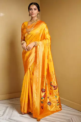 Mustard woven paithani silk blend saree with blouse