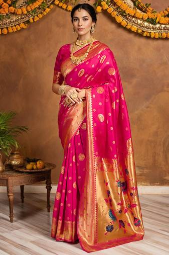 Pink woven paithani silk blend saree with blouse