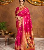 Pink woven paithani silk blend saree with blouse