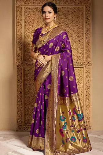 Purple woven paithani silk blend saree with blouse