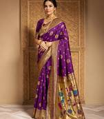 Purple woven paithani silk blend saree with blouse