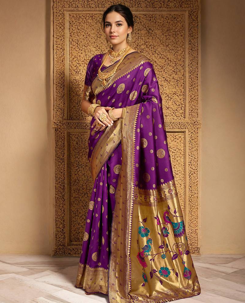 Purple woven paithani silk blend saree with blouse