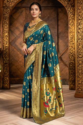 Teal woven paithani silk blend saree with blouse