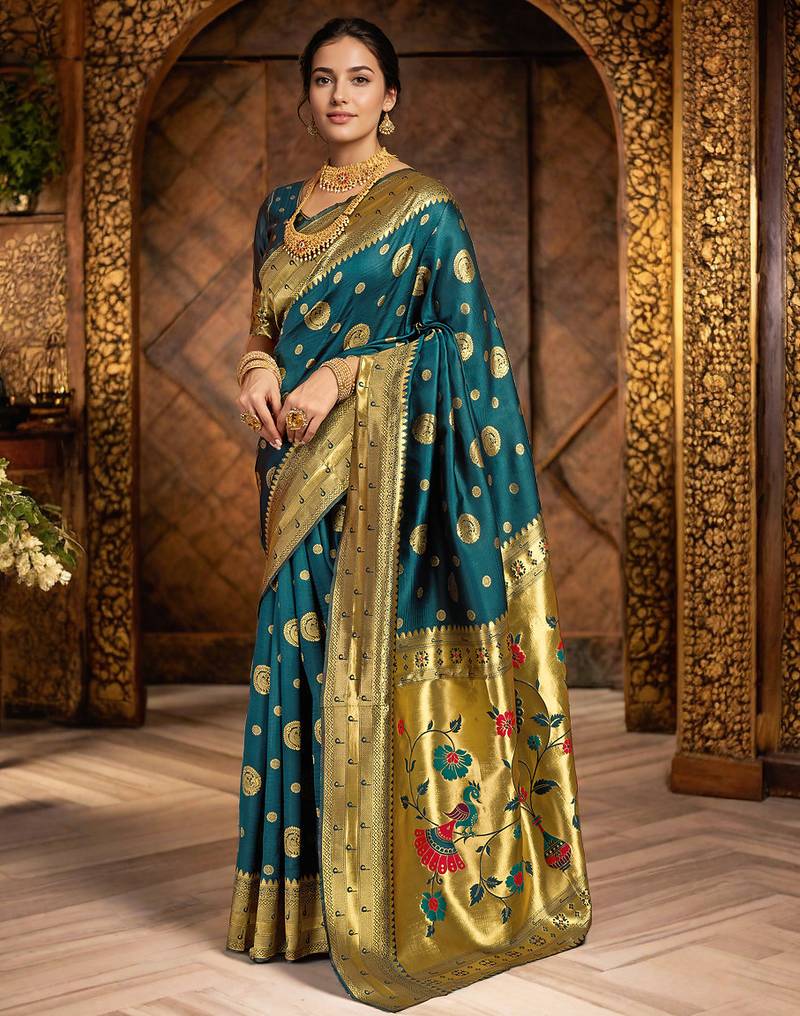 Teal woven paithani silk blend saree with blouse