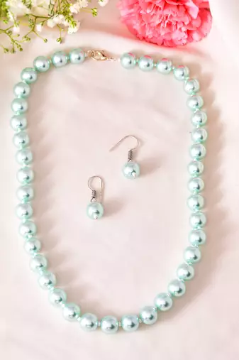 Blue glossy pearl necklace & earring set
