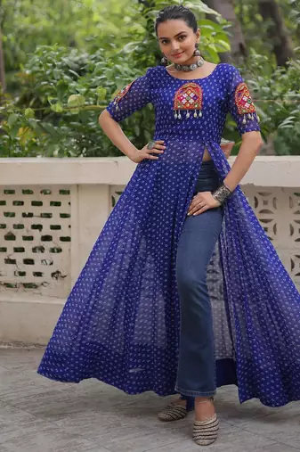 Blue faux georgette bandhni print with kutchi patche work navratri kurti