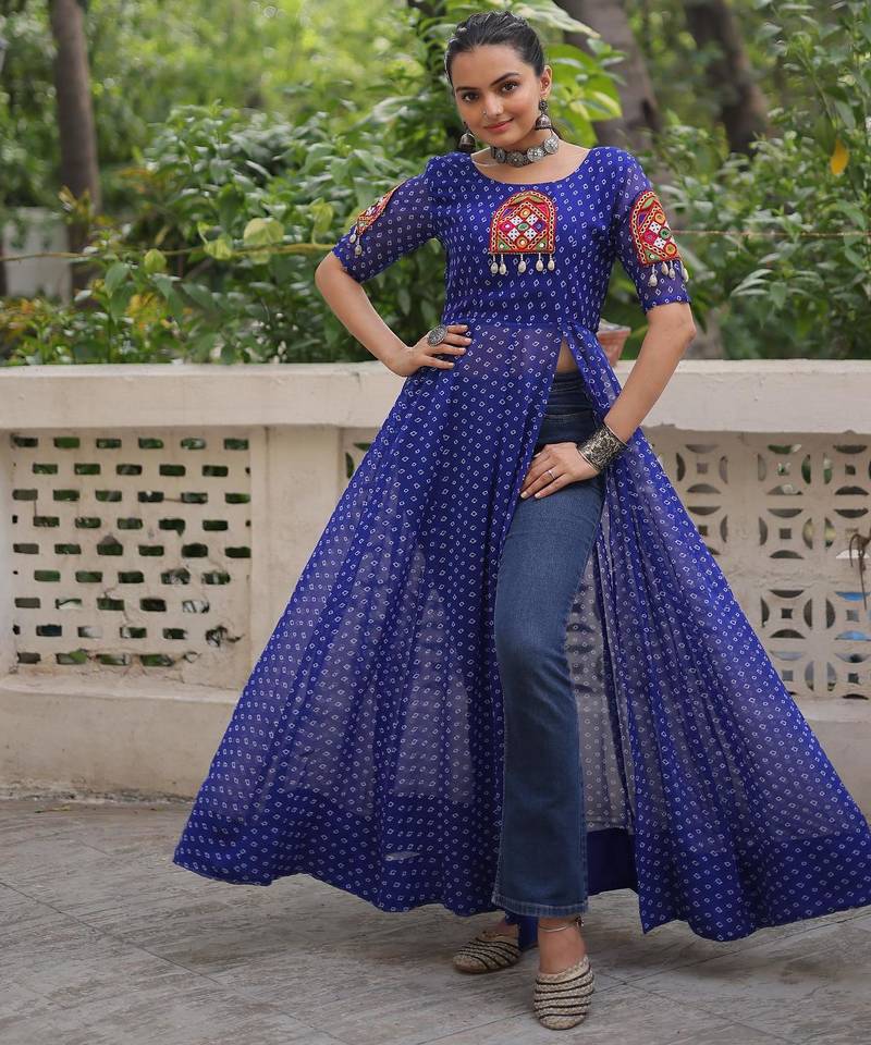 Blue faux georgette bandhni print with kutchi patche work navratri kurti