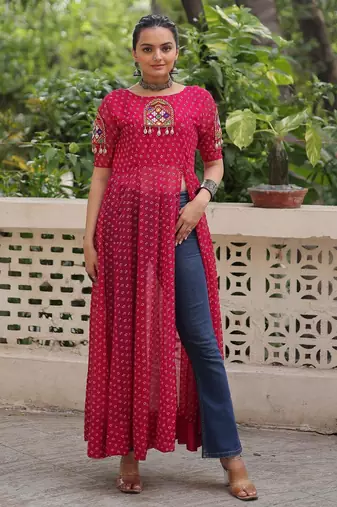 Pink faux georgette bandhni print with kutchi patche work navratri kurti
