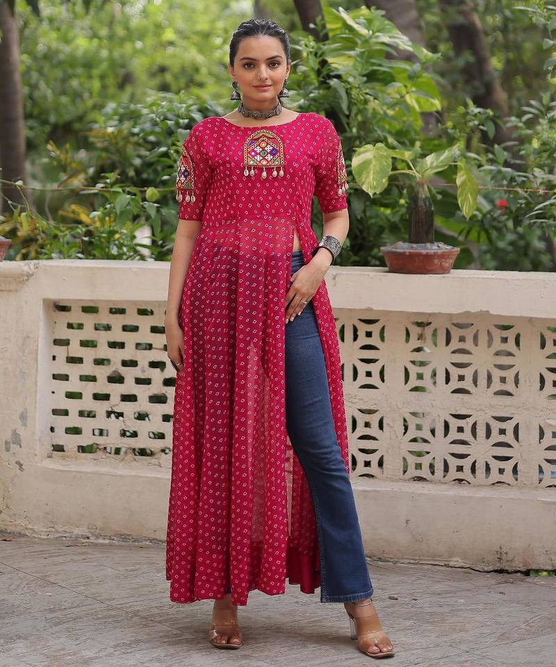 Pink faux georgette bandhni print with kutchi patche work navratri kurti