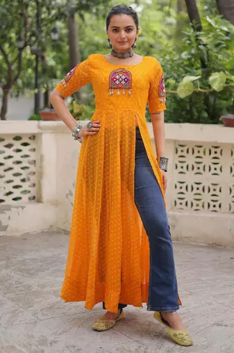 Yellow faux georgette bandhni print with kutchi patche work navratri kurti