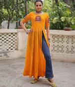 Yellow faux georgette bandhni print with kutchi patche work navratri kurti