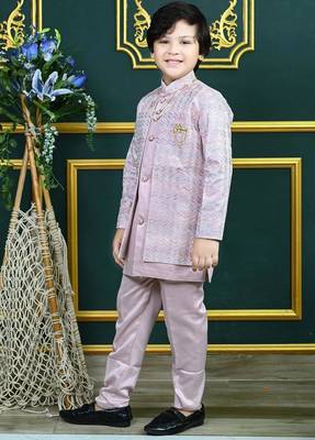 Boys satin chevron sequined embroidered sherwani set- lilac 2