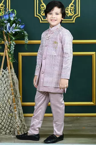 Boys satin chevron sequined embroidered sherwani set- lilac
