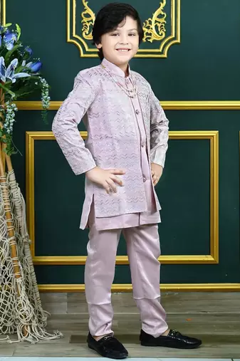 Boys satin chevron sequined embroidered sherwani set- lilac