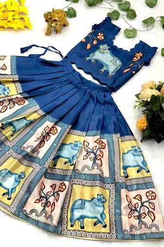 blue chinnon girls lehenga choli with embroidered work