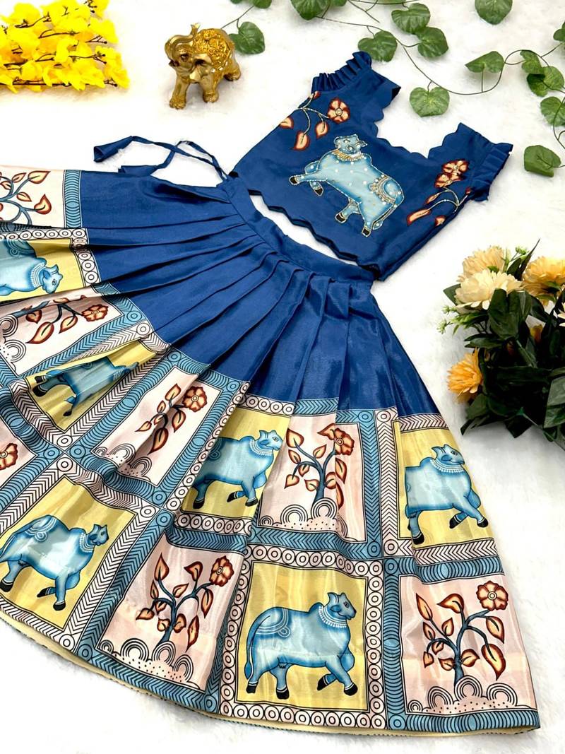 blue chinnon girls lehenga choli with embroidered work