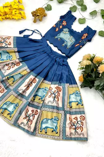 blue chinnon girls lehenga choli with embroidered work