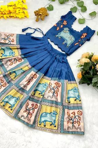 blue chinnon girls lehenga choli with embroidered work