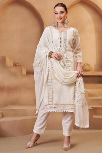 Off white pure bombay cotton semi stitched mirror & thread work suits
