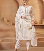 Off white pure bombay cotton semi stitched mirror & thread work suits