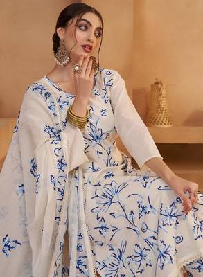 Off white pure bombay cotton semi stitched mirror & thread work suits 3