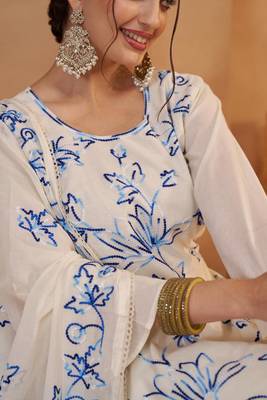 Off white pure bombay cotton semi stitched mirror & thread work suits 4